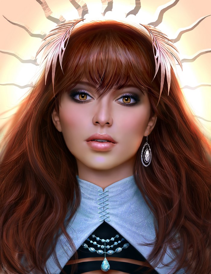 Lana Solaris with brown hair and feather crown