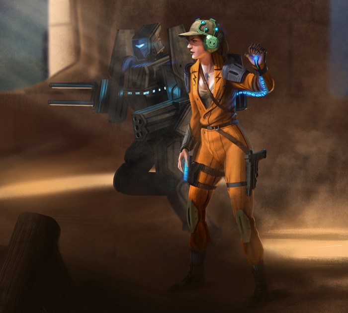 Woman with robot in desert