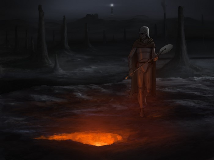 Warrior with a saw weapon in a desolate landscape