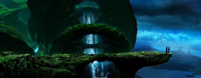 Two figures stand on a cliff overlooking a surreal alien landscape with waterfalls