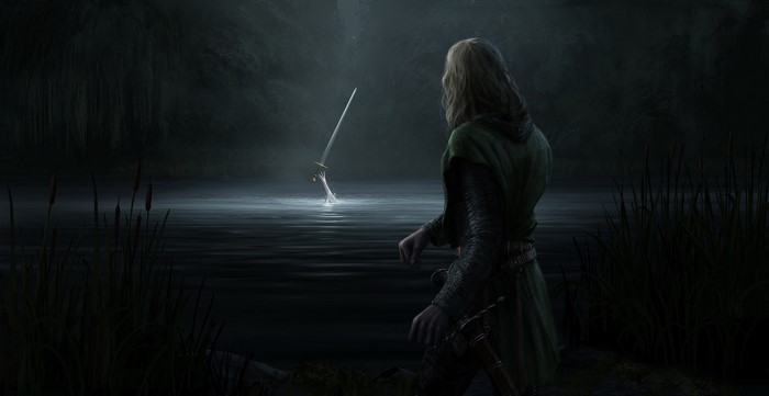 Man in green tunic reaching for a sword in a lake