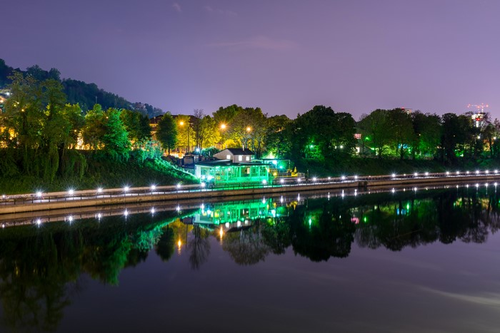 Riverfront at Night with Lights and Reflections in Turin, Italy