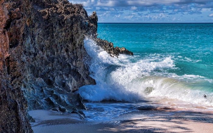 Waves crashing on a rocky shore