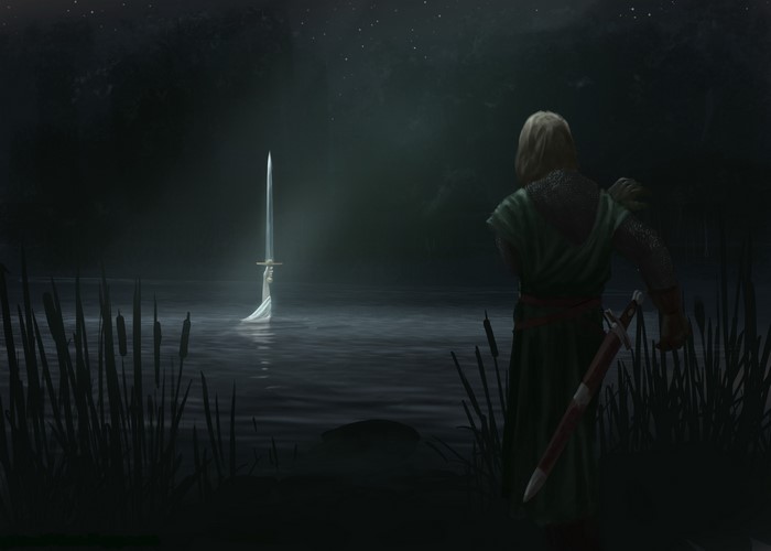 Knight retrieves sword from a mystical lake at night