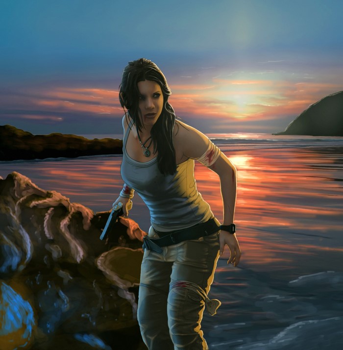 Lara Croft from Tomb Raider on a beach at sunset