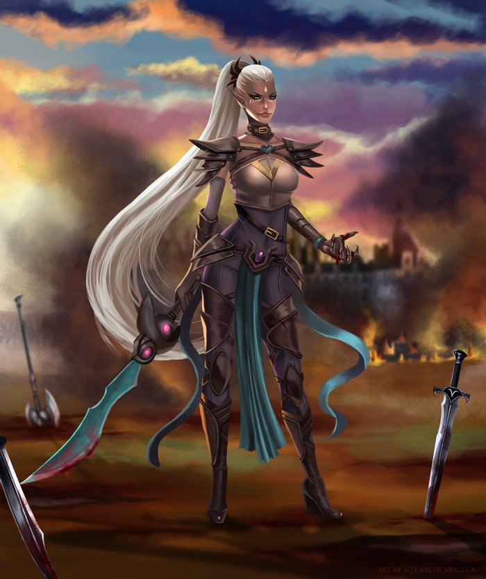 Adalia with swords in a battlefield