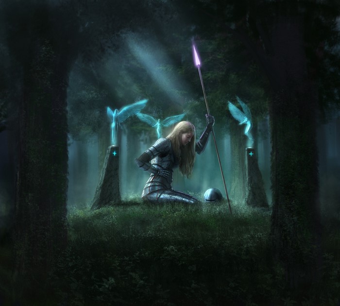 Knight kneeling in forest with angelic statues