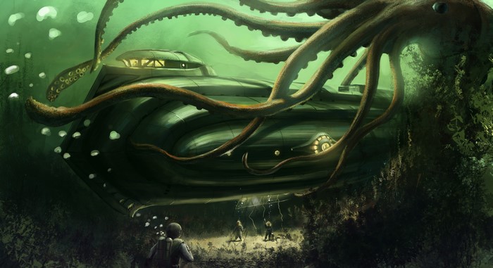 Nautilus submarine attacked by kraken with divers