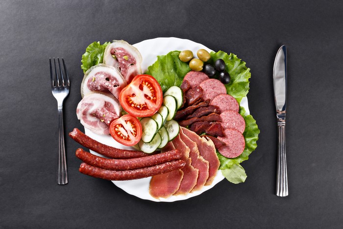 Sausage, Ham, and Vegetable Platter with Fork and Knife