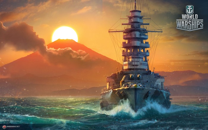 Mutsu battleship in World of Warships at sunset