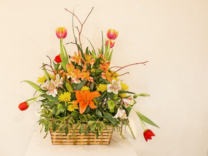 Bouquet of Alstroemeria and Tulips in Wicker Basket