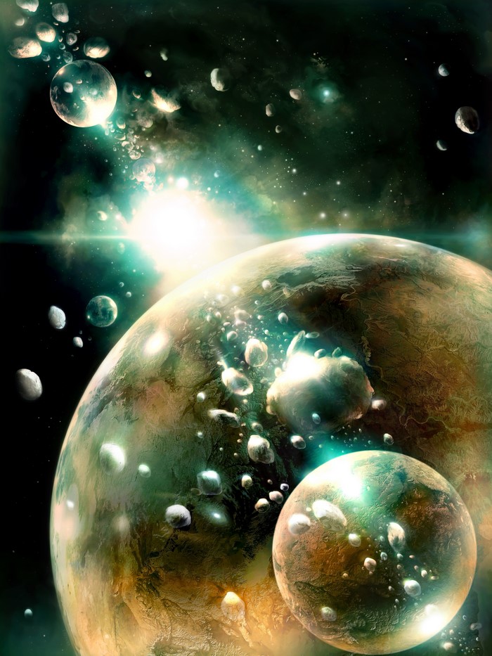 Planets and asteroids in space with bright light