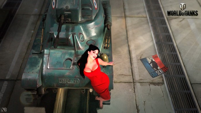 Woman in red dress with Hotchkiss H35 tank in World of Tanks