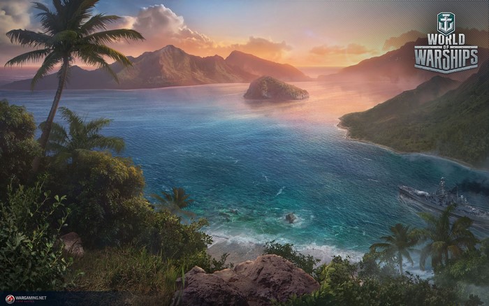 World of Warships island landscape with mountains and ship