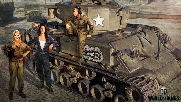 Women with M4A3E8 Thunderbolt VII tank from World of Tanks