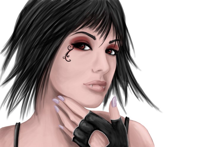 Vampire girl with black hair and fangs