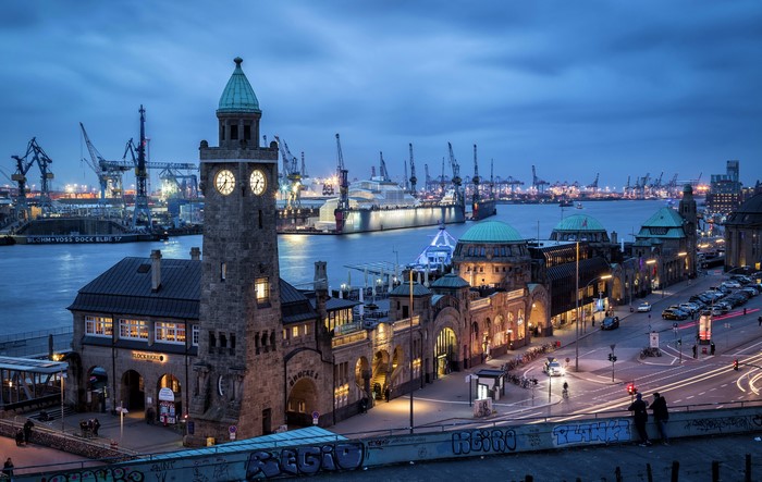 Hamburg Harbor at Dusk with Clock Tower