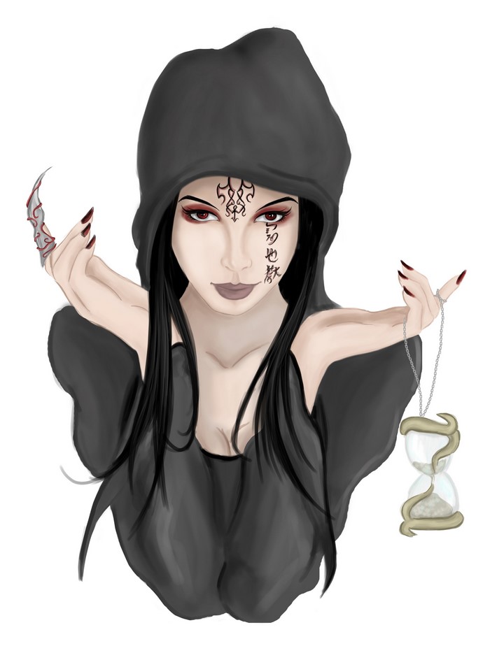 Woman in a black hood holding an hourglass