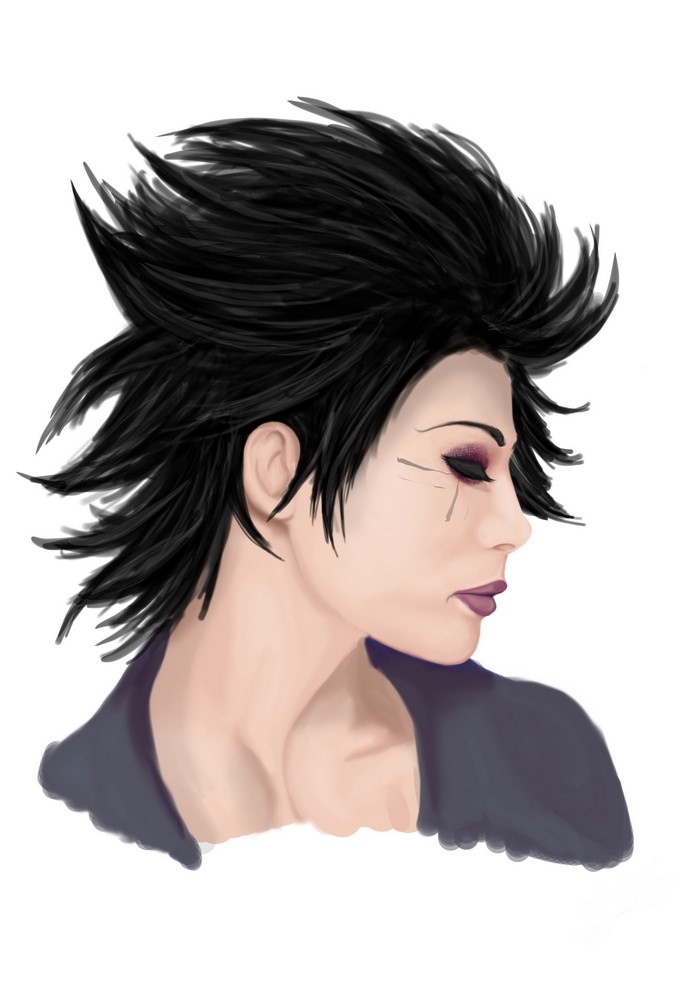Painting of a woman with black hair and makeup