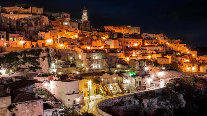 Matera Basilicata Italy Houses and Roads at Night