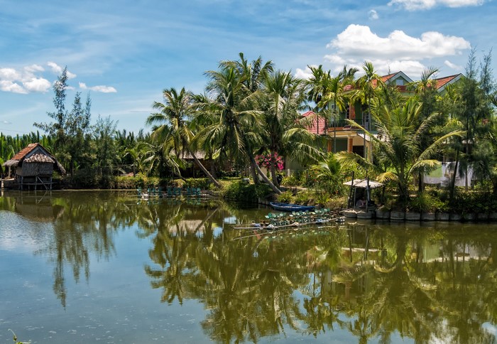 Hoi An Vietnam Tropical River with Palm Trees and Houses