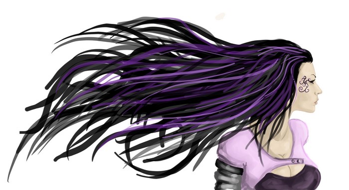 Painting of a woman with long black and purple hair