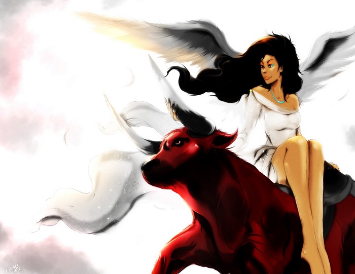 Angel riding a red bull