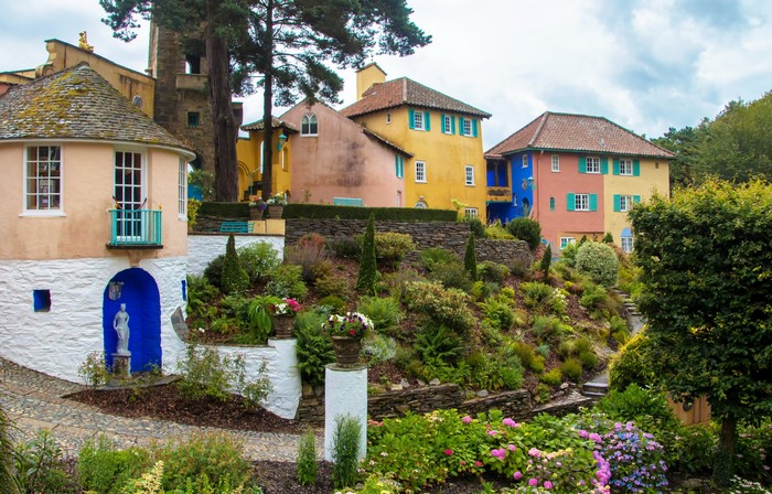 Portmeirion village with colorful houses and gardens in Wales