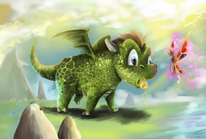 Green dragon cub encounters a magical butterfly