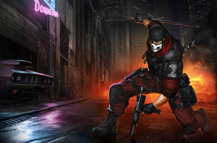 Ninja with Cobra insignia and submachine gun in alley