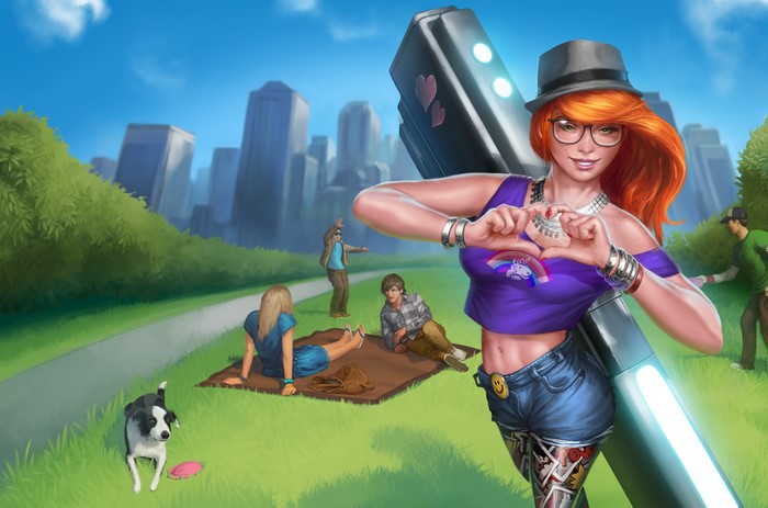 Redhead girl with glasses and hat in a park