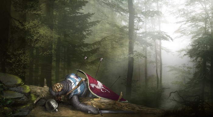 Dead Knight in a Misty Forest with Arrows and Shield