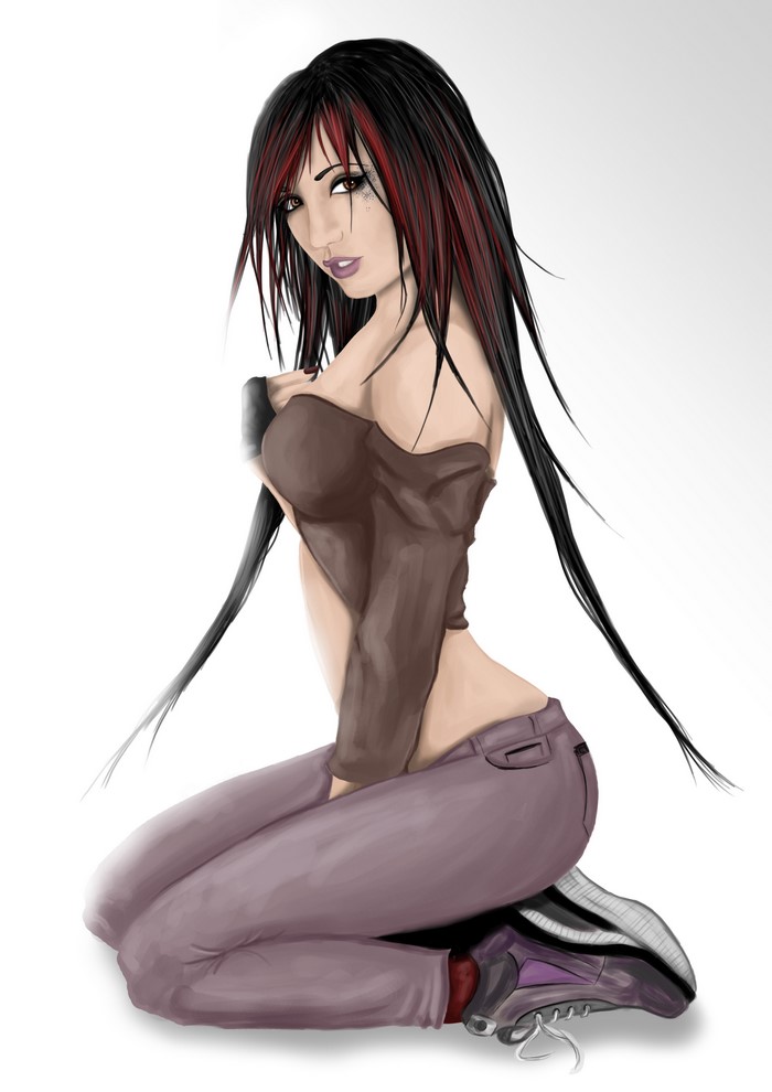 Painting of a woman with black and red hair