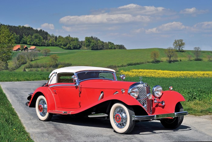 1934 Mercedes-Benz 500K Cabriolet A in a rural landscape