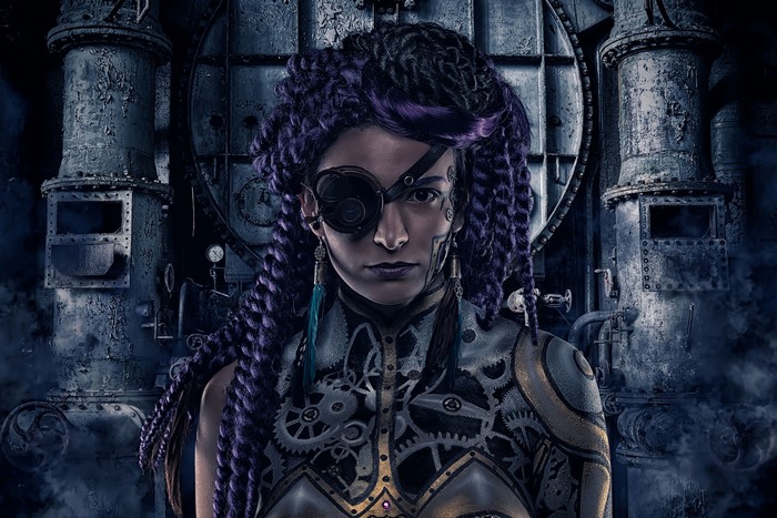 Steampunk woman with purple braids and eye patch