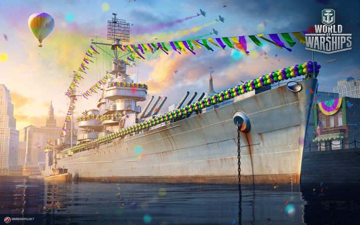 World of Warships battleship decorated for Mardi Gras