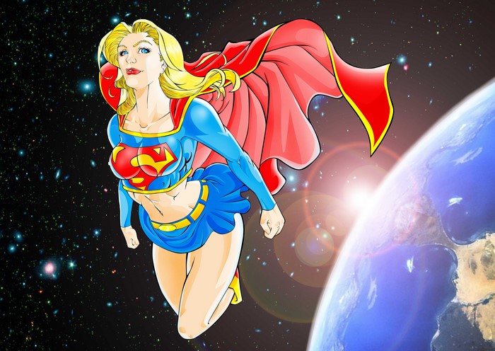 Supergirl flying in space near Earth