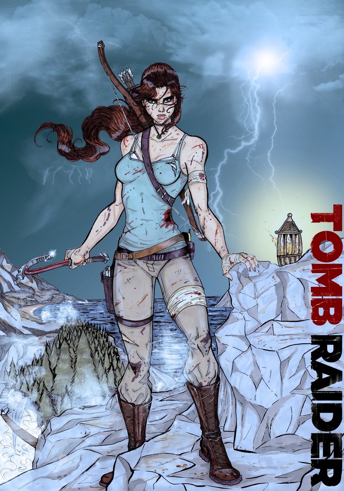 Lara Croft from Tomb Raider in a stormy landscape