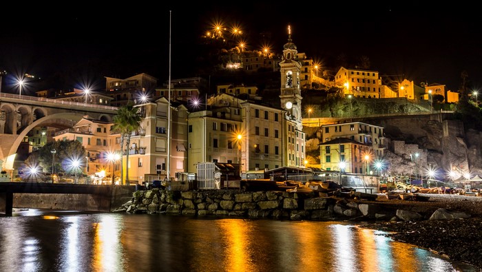 Camogli, Liguria, Italy at Night with Bridge and River