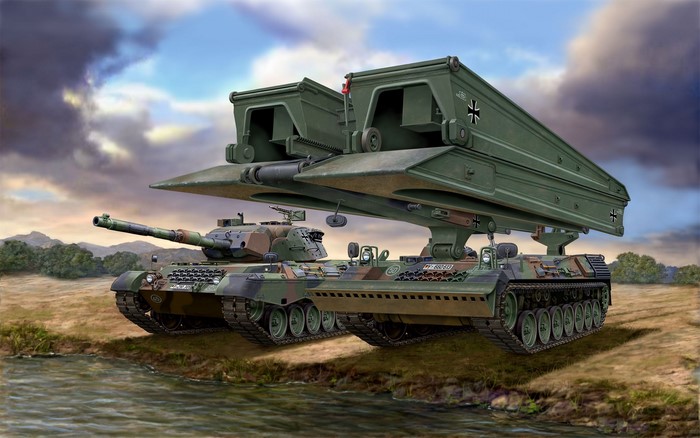 Leopard 1A5 tank with Biber bridgelayer