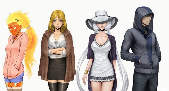 Four characters from Smite: Sol, Aphrodite, Nox, and Loki