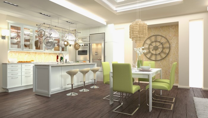 Modern kitchen and dining area with island and table