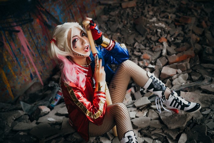 Harley Quinn Cosplayer with Baseball Bat in Rubble