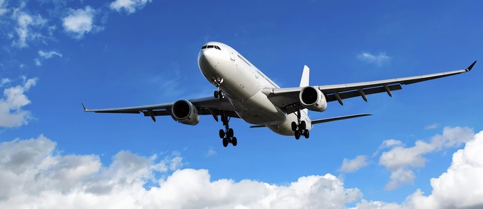 Airplane flying in the sky with clouds
