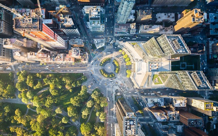 Aerial View of New York City Intersection and Park