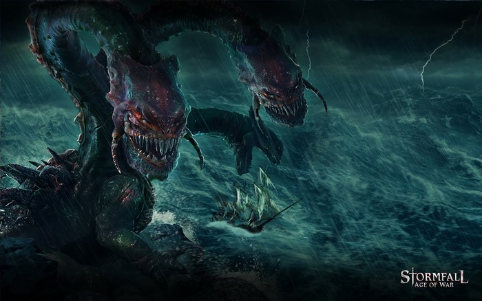 Monster attacking a ship in a storm from Stormfall: Age of War