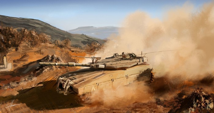 Merkava tank in a desert landscape painting