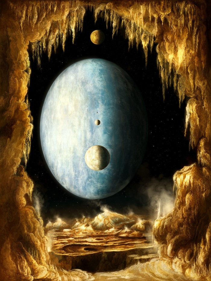 Planets and moons viewed from a cave