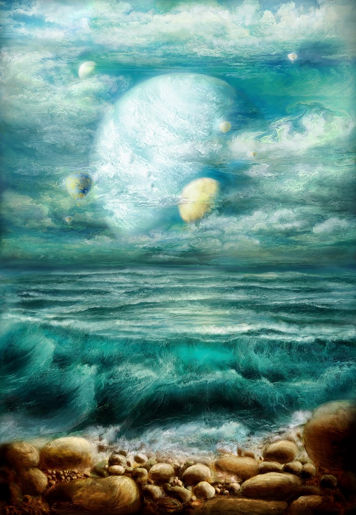 Planets over a rocky coast and ocean