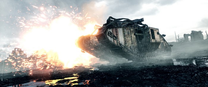 British Mark V tank exploding on a battlefield